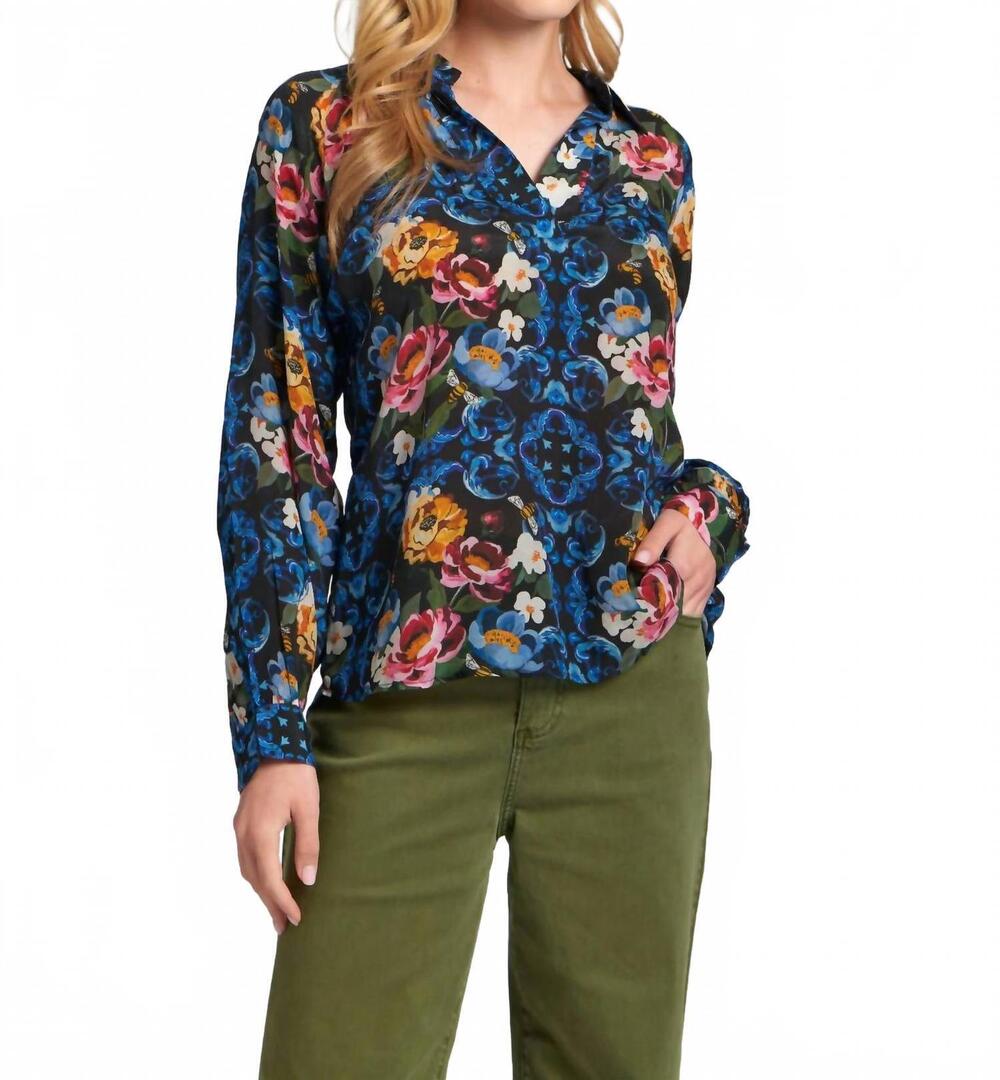 NEW APNY pollination half placket blouse in blue multi